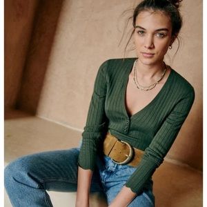 Ribbed V-Neck Button-Front Top - Olive Green